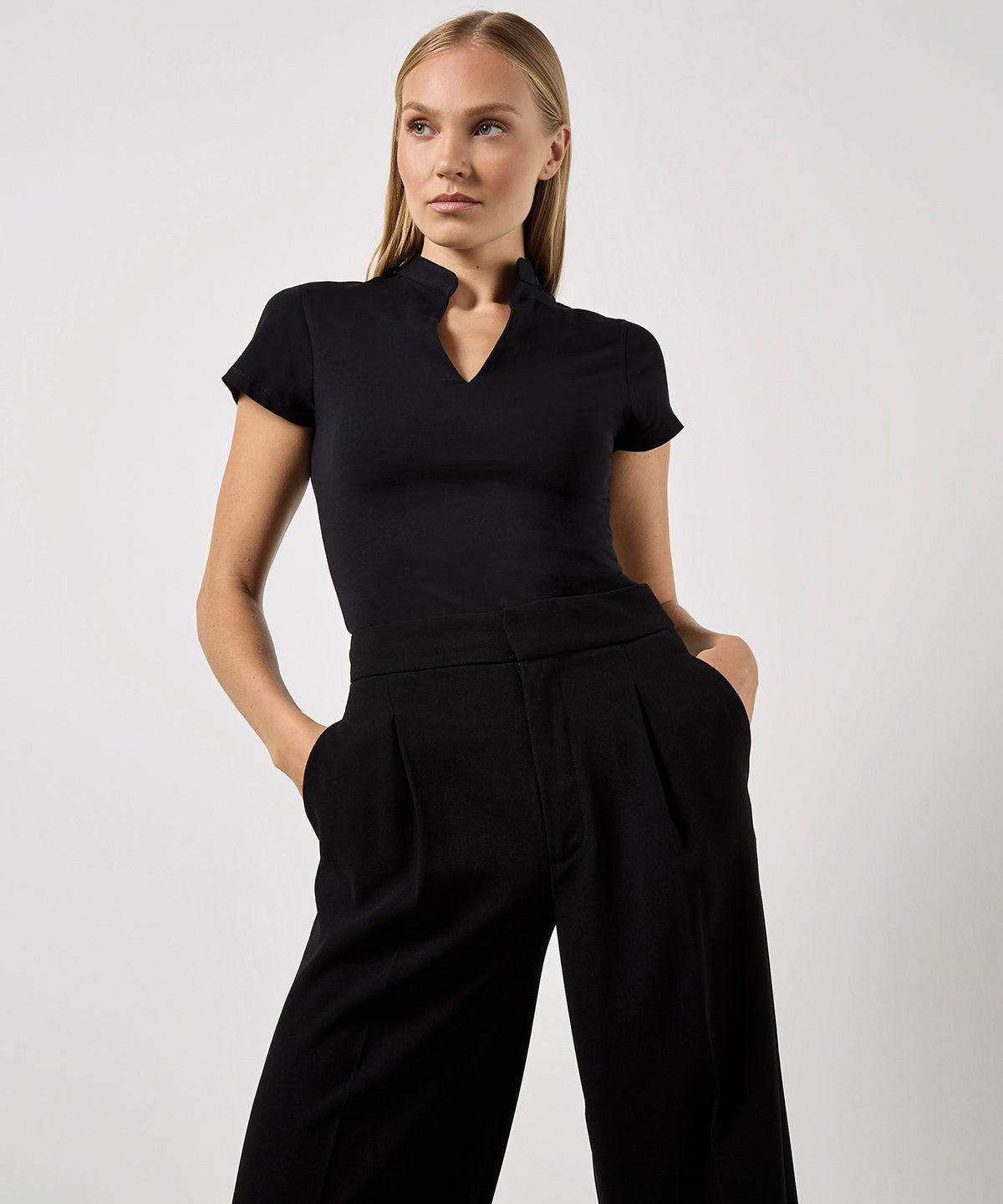 Women's corporate short-sleeved top v-neck mandarin collar (regular fit)